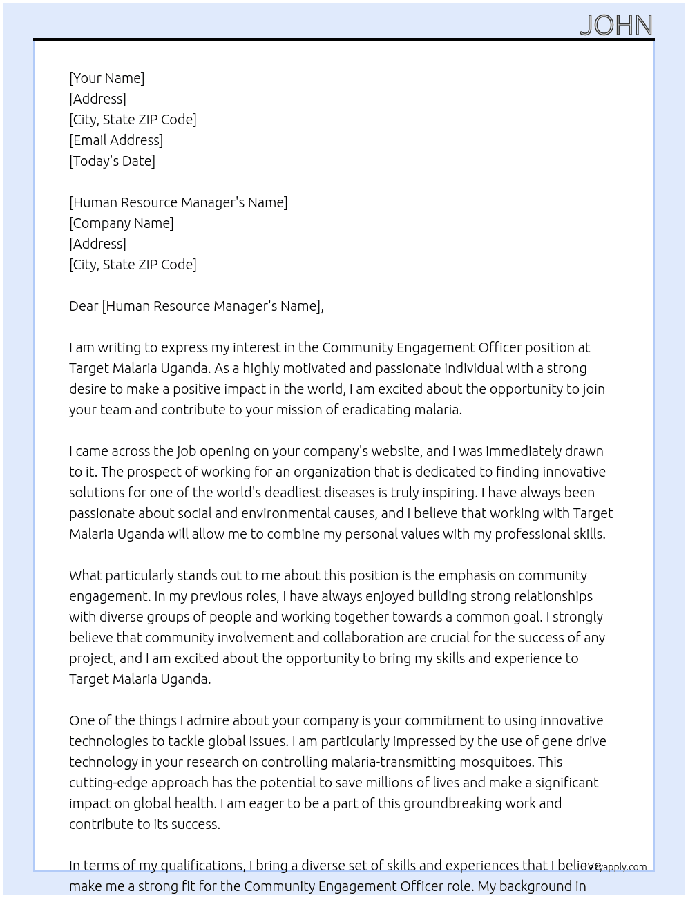 Community Engagement Officer At Target Malaria Uganda Cover Letter