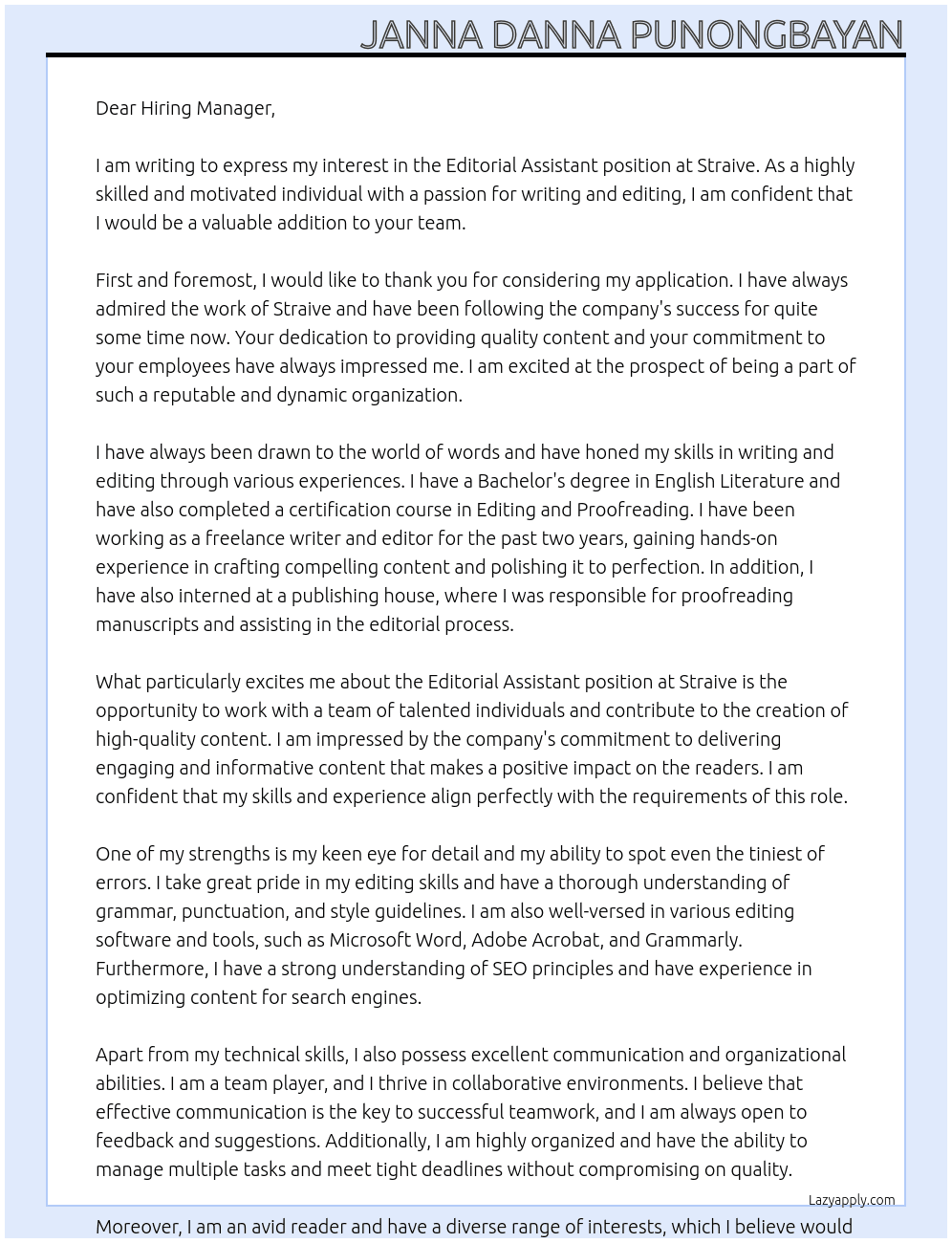 Editorial Assistant At Straive Cover Letter