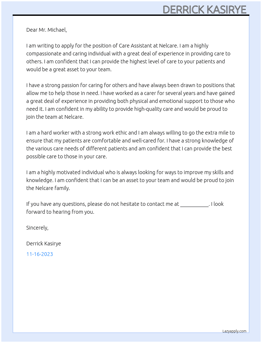 Care assistant  At Nelcare Cover Letter