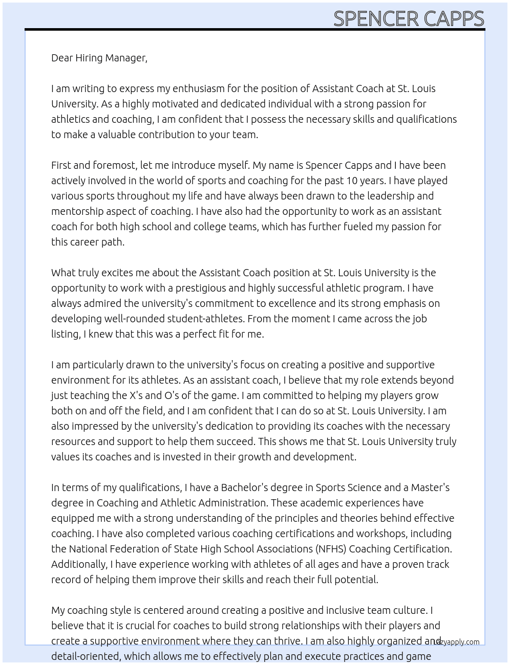 assistant coach At St. Louis University Cover Letter