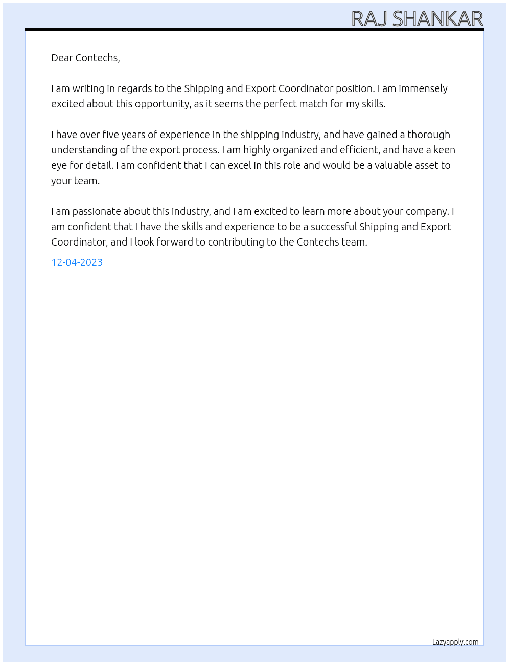 Shipping and Export Coordinator At Contechs Cover Letter