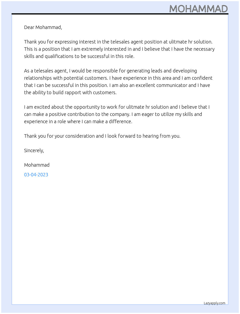 Telesales agent  At ulitmate hr solution Cover Letter