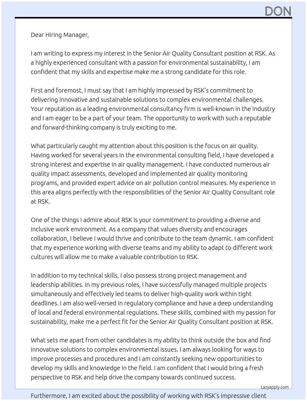 Senior Air Quality Consultant At RSK Cover Letter