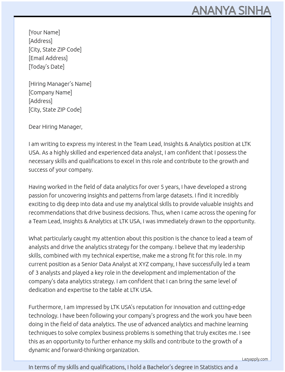 Team Lead, Insights & Analytics At LTK USA Cover Letter