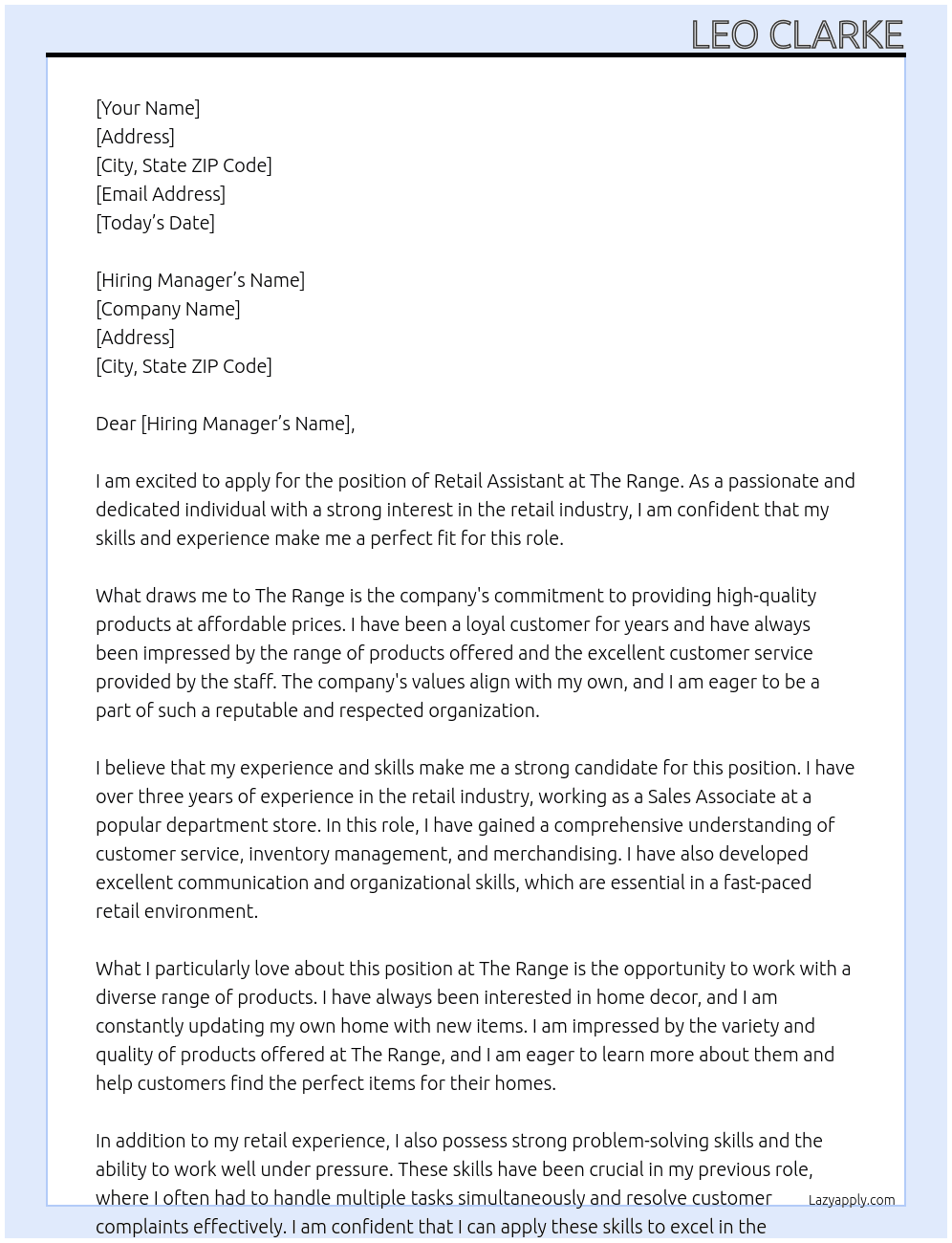 Retail assistant  At The Range  Cover Letter