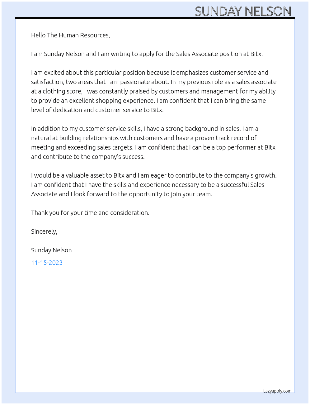 Sales Associate At Bitx Cover Letter
