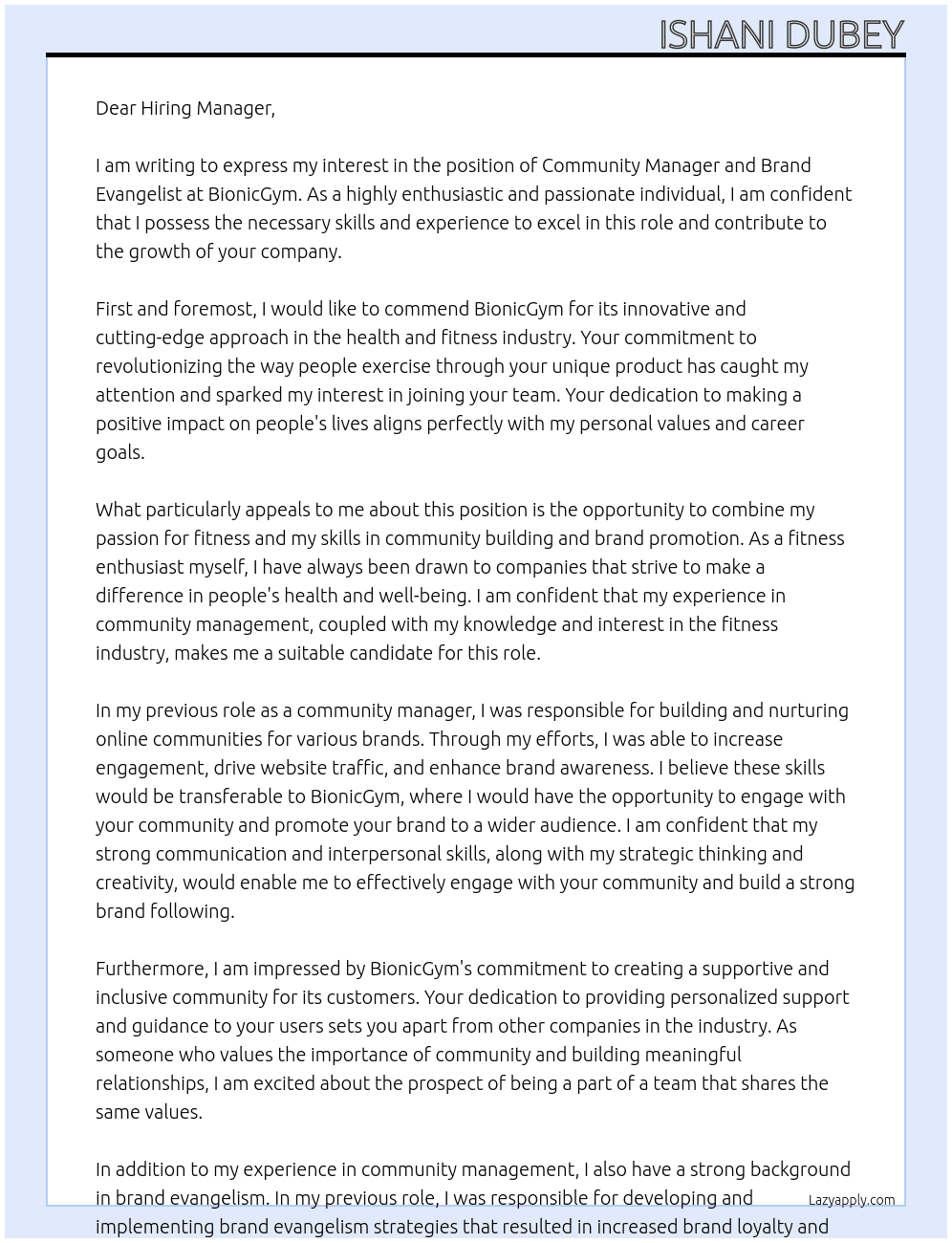 Community Manager and Brand Evangelist At BionicGym Cover Letter