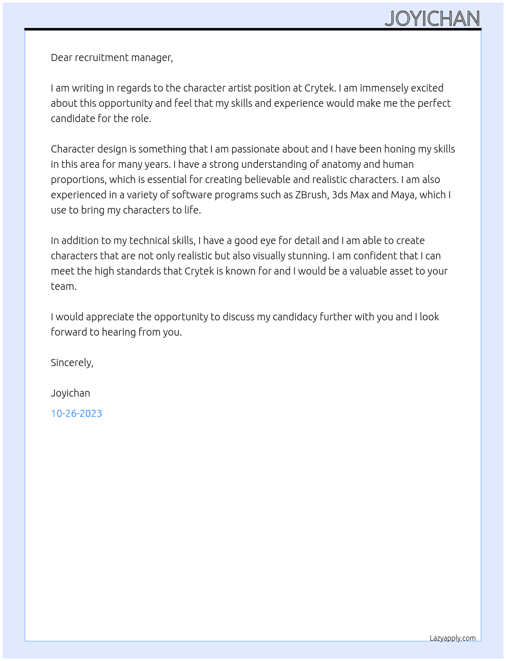 Character Artist At Crytek Cover Letter