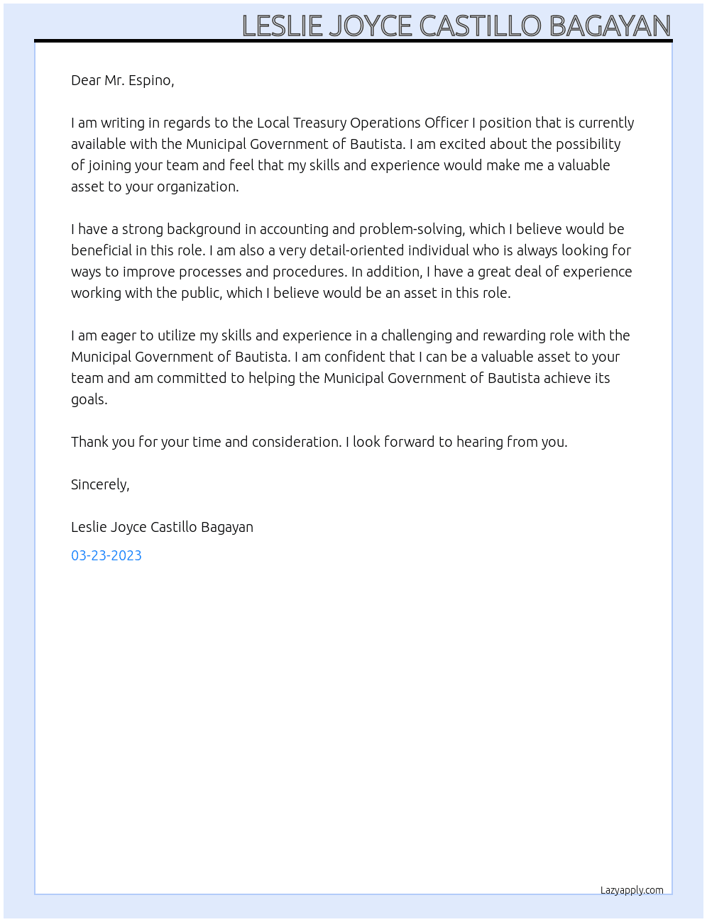 Local Treasury Operations Officer I  At Municipal Government of Bautista  Cover Letter