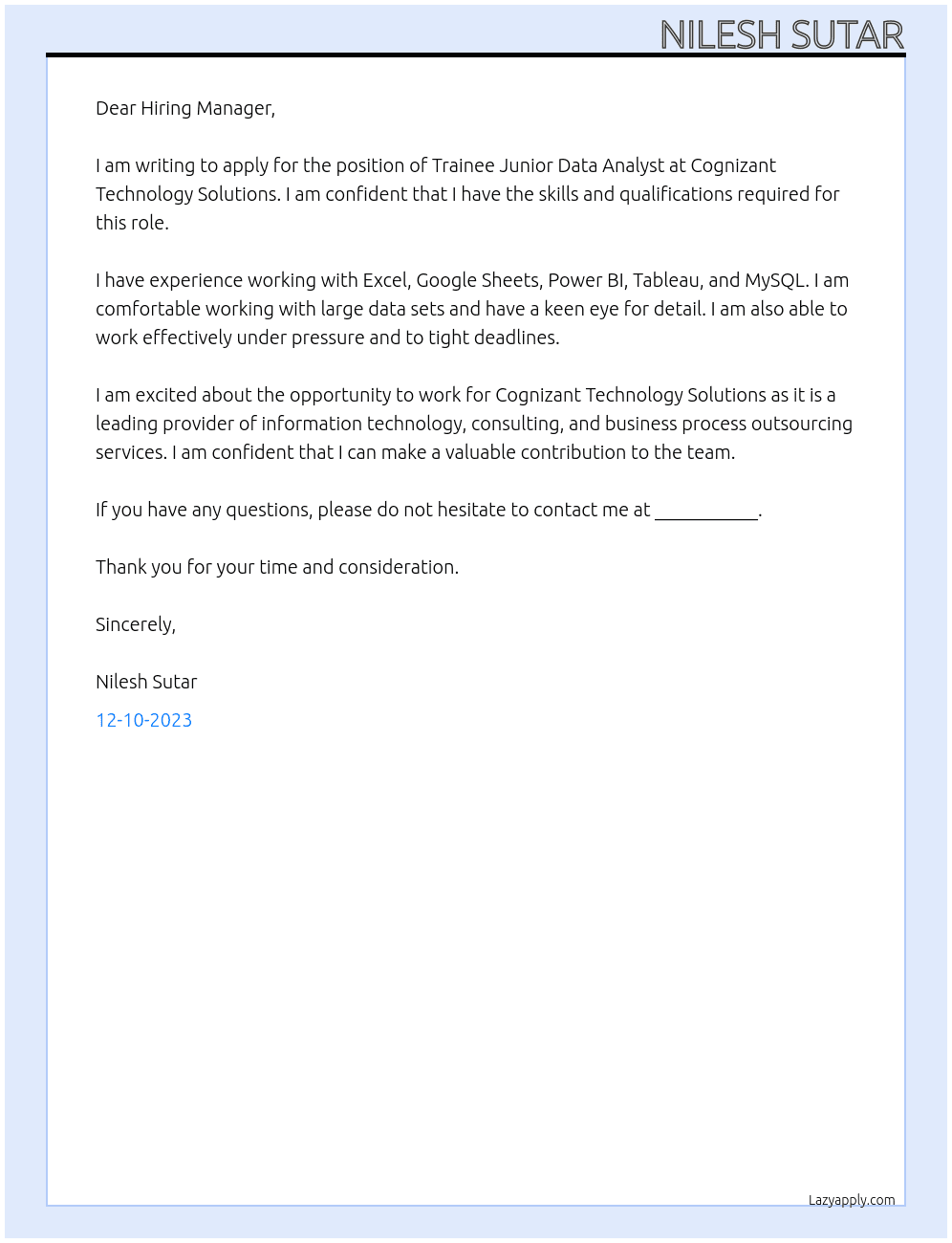Trainee Junior Data Analyst At Cognizant technology solution Cover Letter