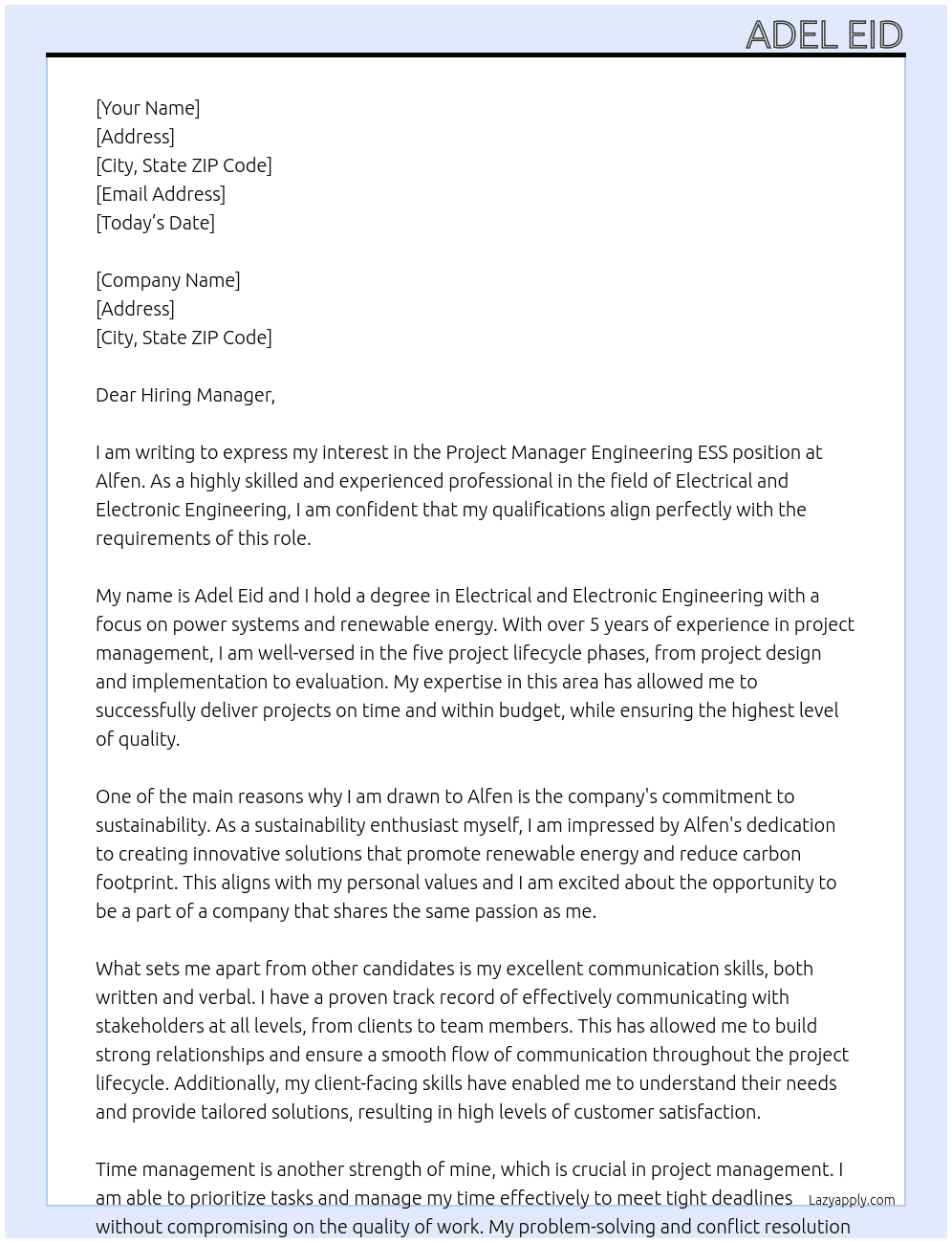 Projectmanager Engineering ESS  At Alfen Cover Letter
