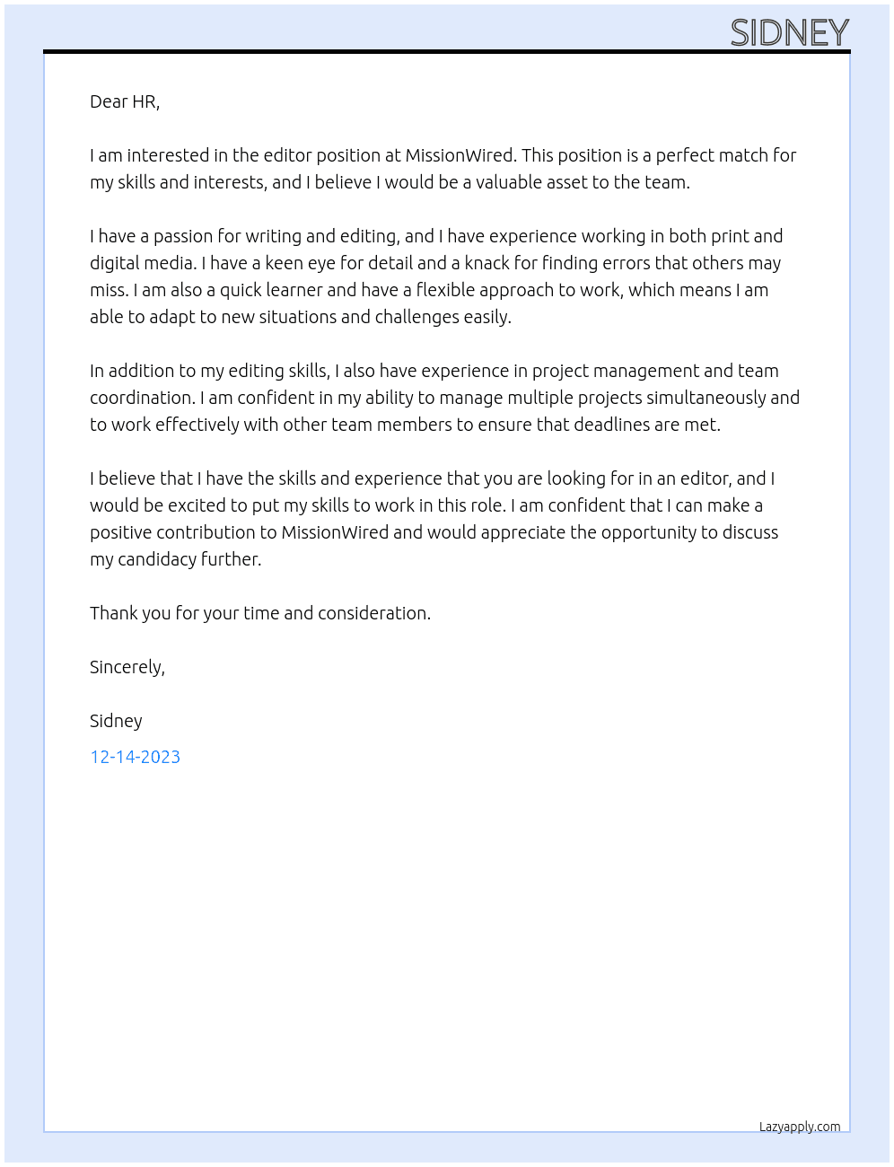 Editor At MissionWired Cover Letter