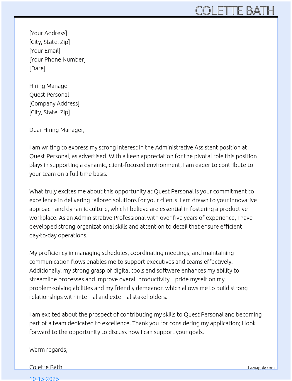 Administrative Assistant  At Quest Personal  Cover Letter