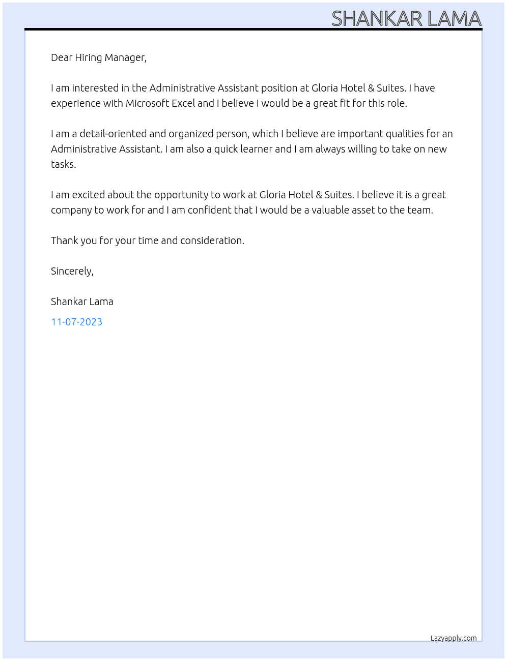Administrative Assistant At Gloria Hotel & Suites Cover Letter