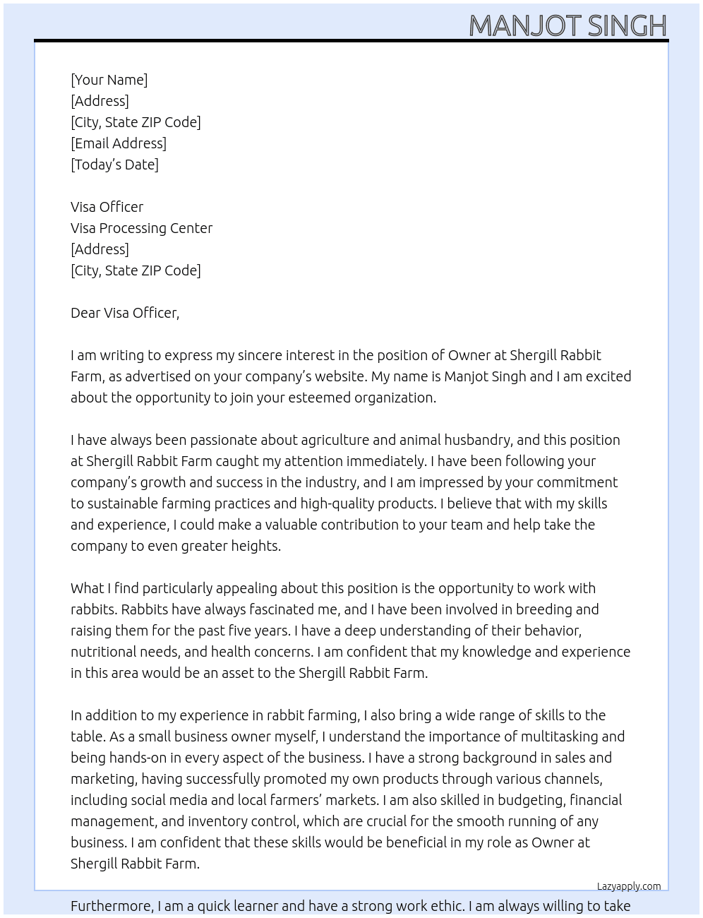 Owner At Shergill Rabbit Farm Cover Letter
