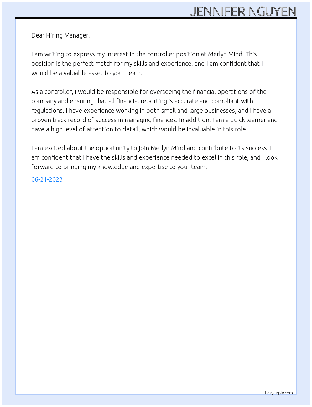 controller At merlyn mind Cover Letter