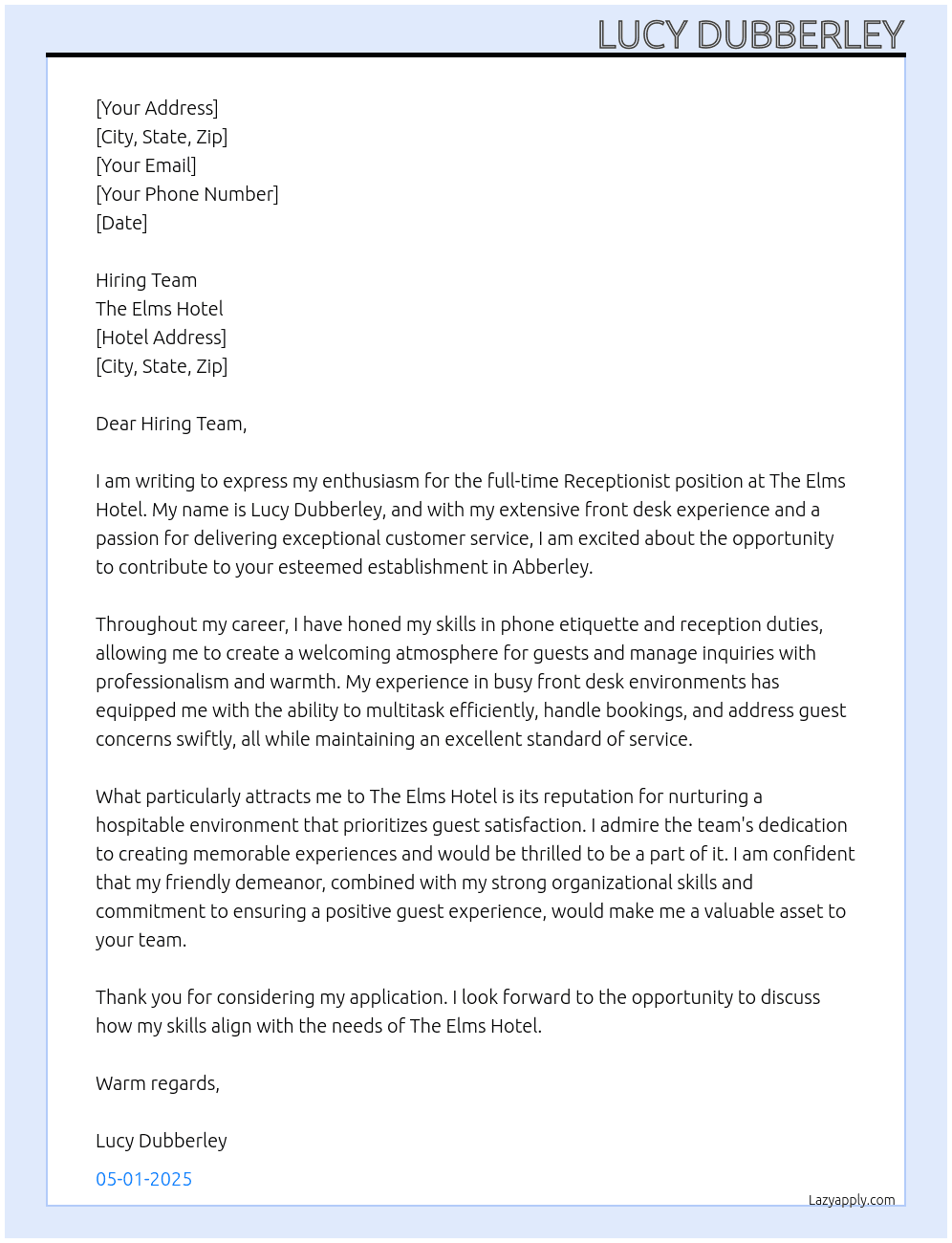 Receptionist  At The elms hotel  Cover Letter