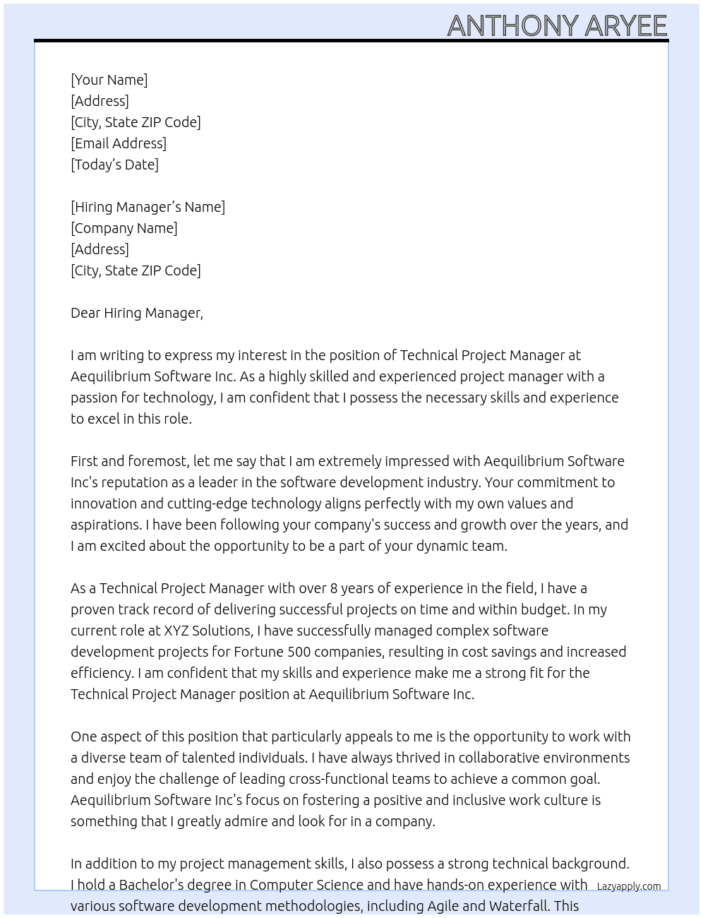 Technical Projec Manager At Aequilibrium Software Inc Cover Letter