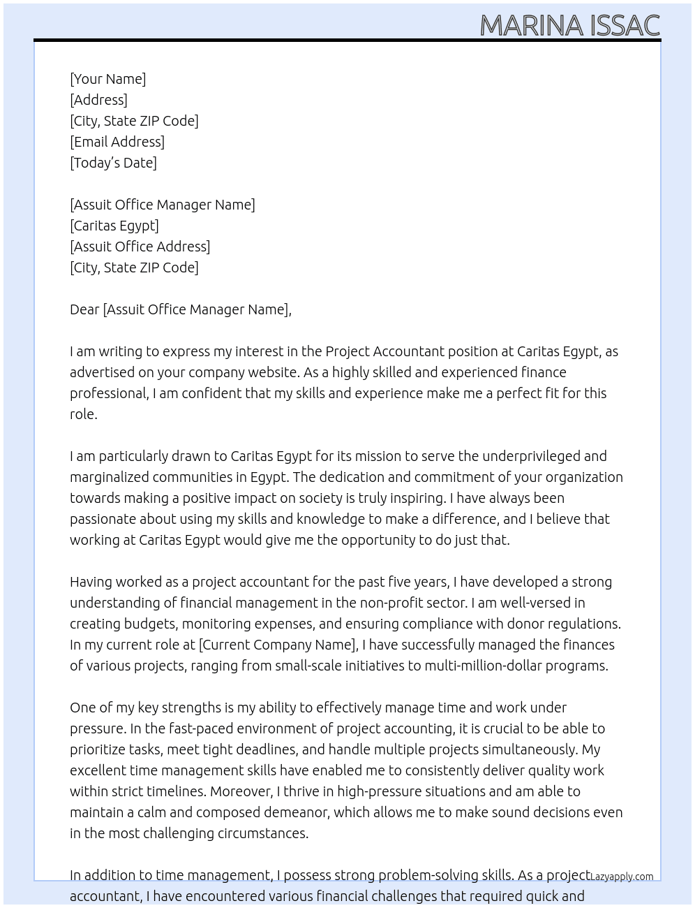 Project accountant At Caritas Egypt Cover Letter