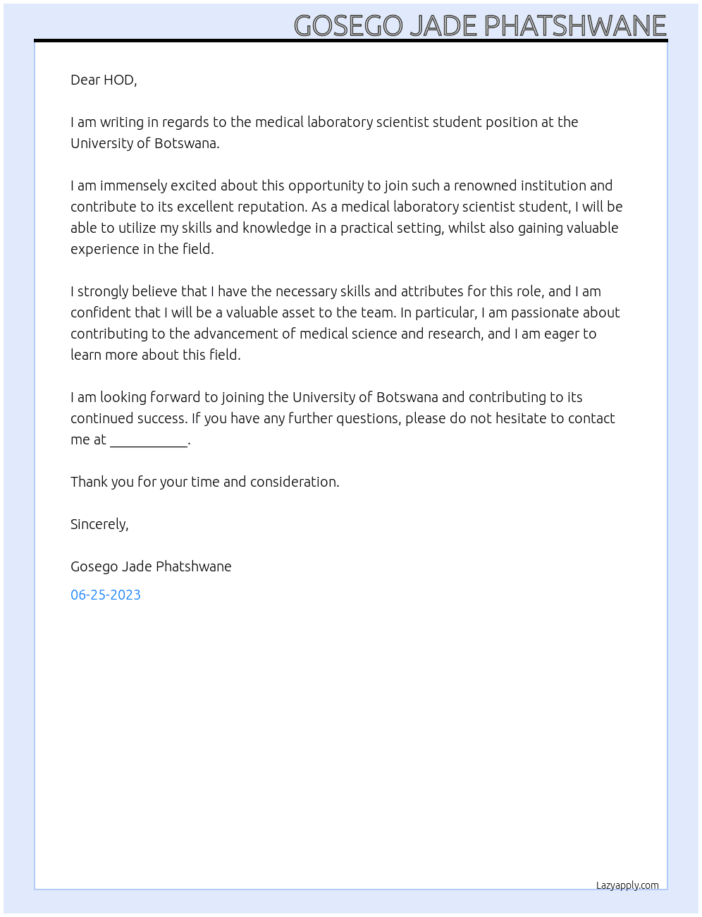 medical laboratory scientist student At university of botswana Cover Letter