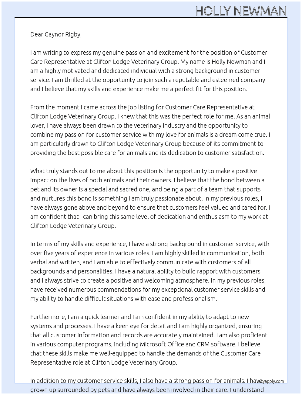 Customer Care Representative At Clifton Lodge Veterinary Group Cover Letter