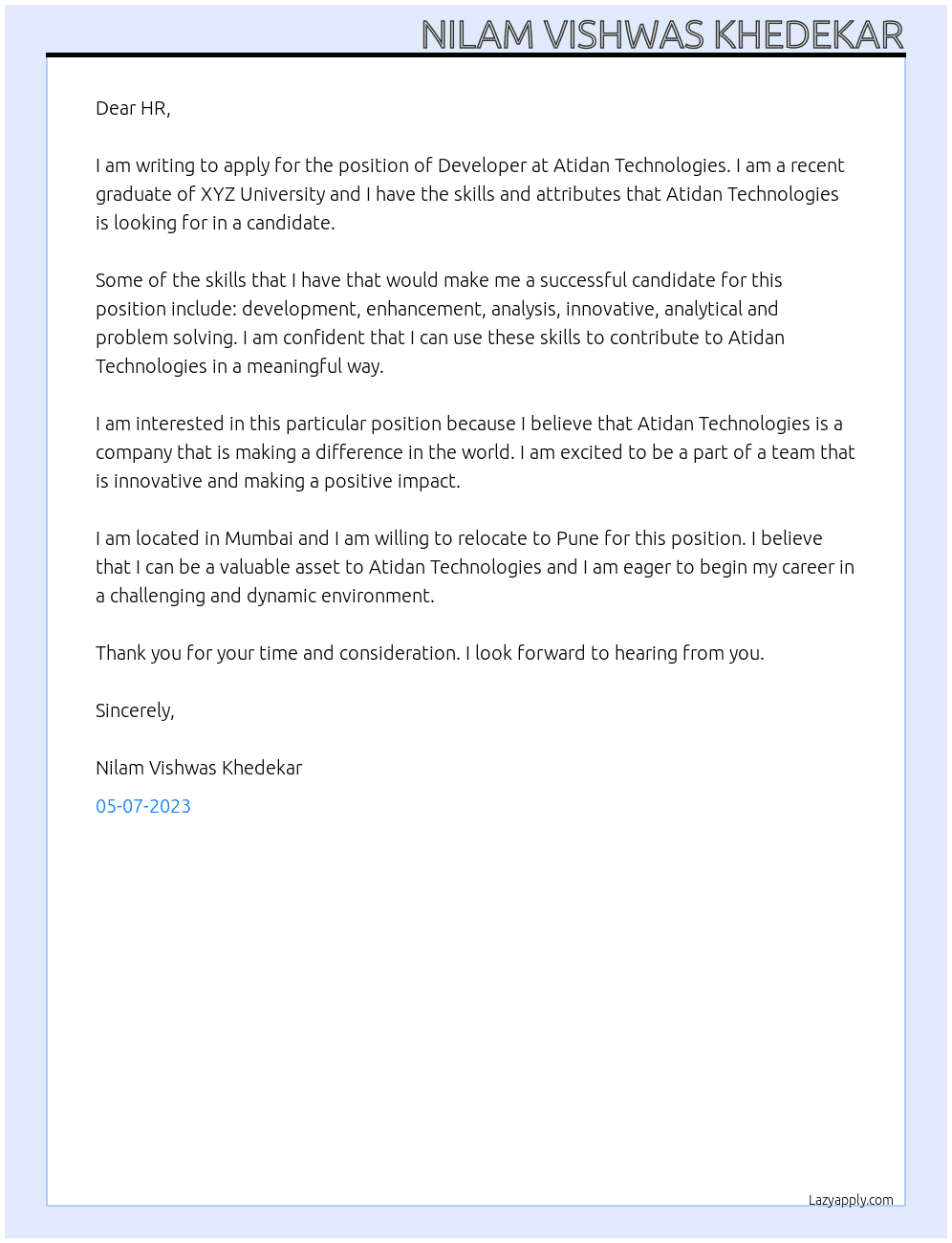 Developer - Fresher  At Atidan Technologies  Cover Letter