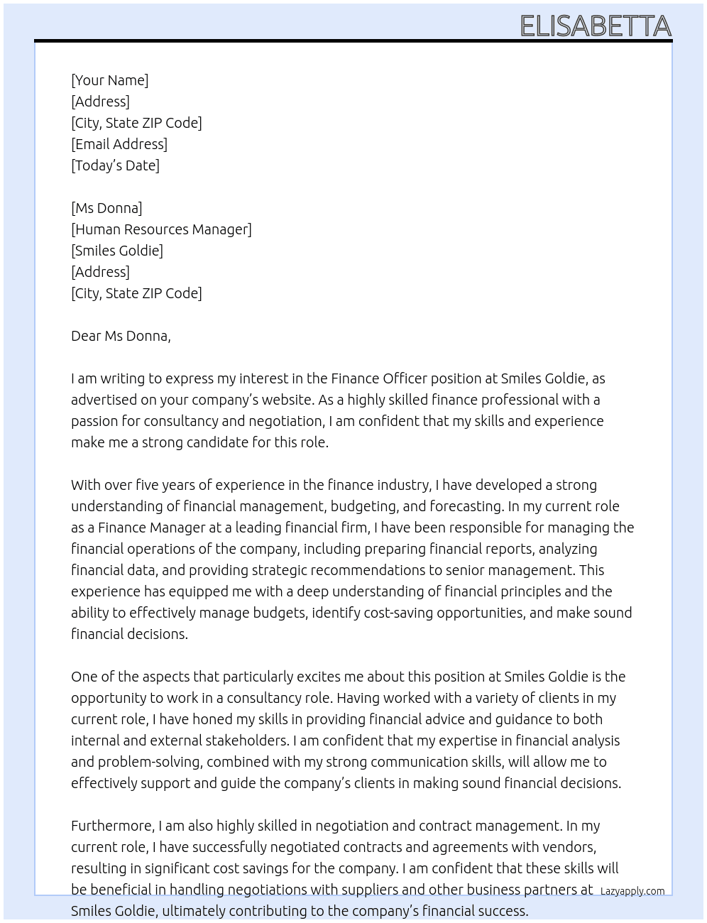 Finance Officer At Smiles Goldie Cover Letter