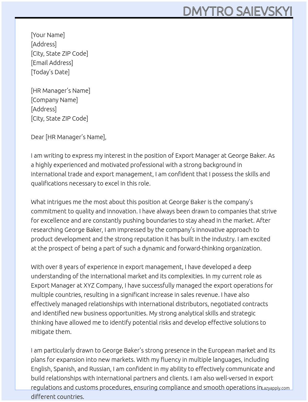 Export Manager At George Baker Cover Letter