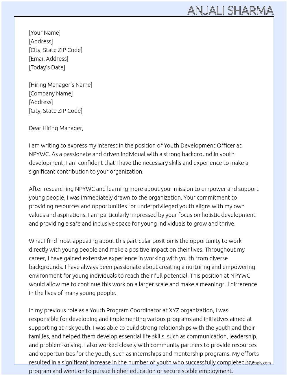 Youth development Officer  At NPYWC Cover Letter