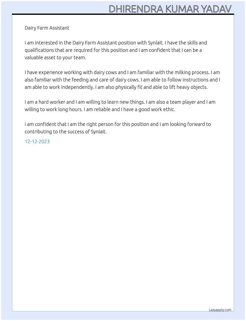 Dairy farm assistant  At Synlait Cover Letter