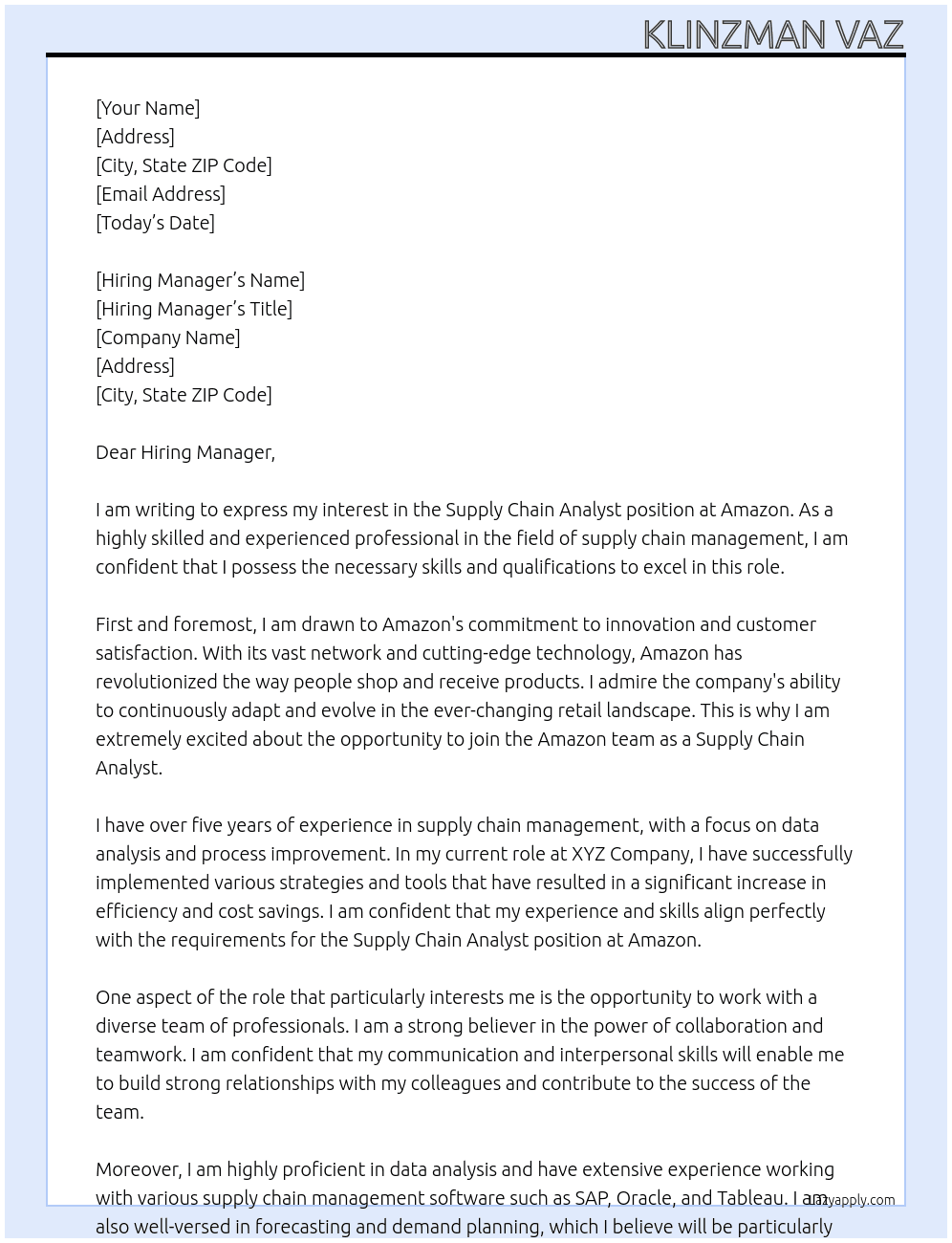 Supply chain analyst At Amazon Cover Letter