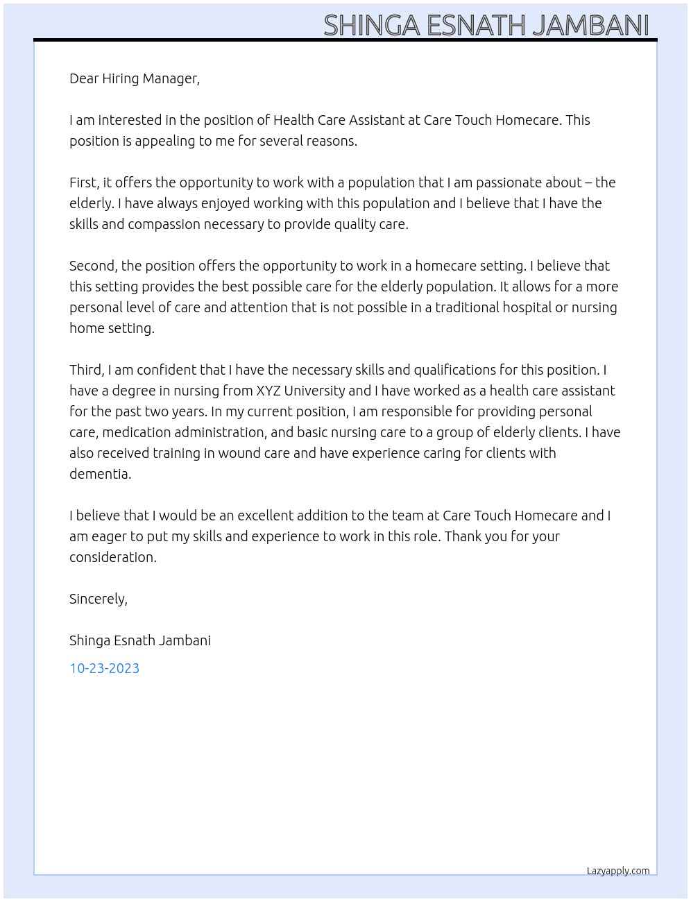 Health Care Assistant  At Care Touch Homecare Cover Letter