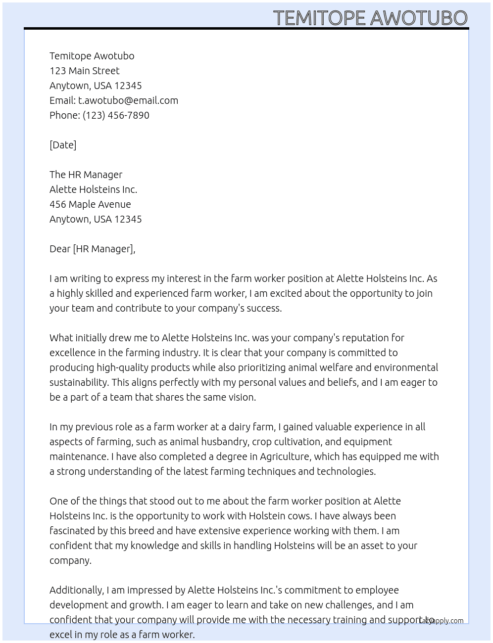 farm worker At Alette Holsteins Inc. Cover Letter