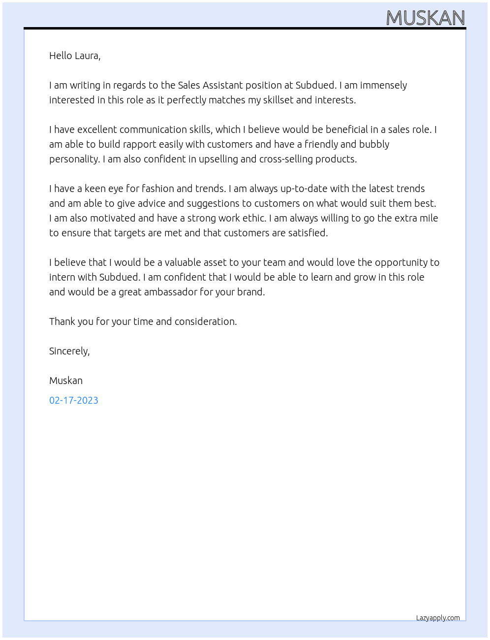 sales assistant At Subdued Cover Letter