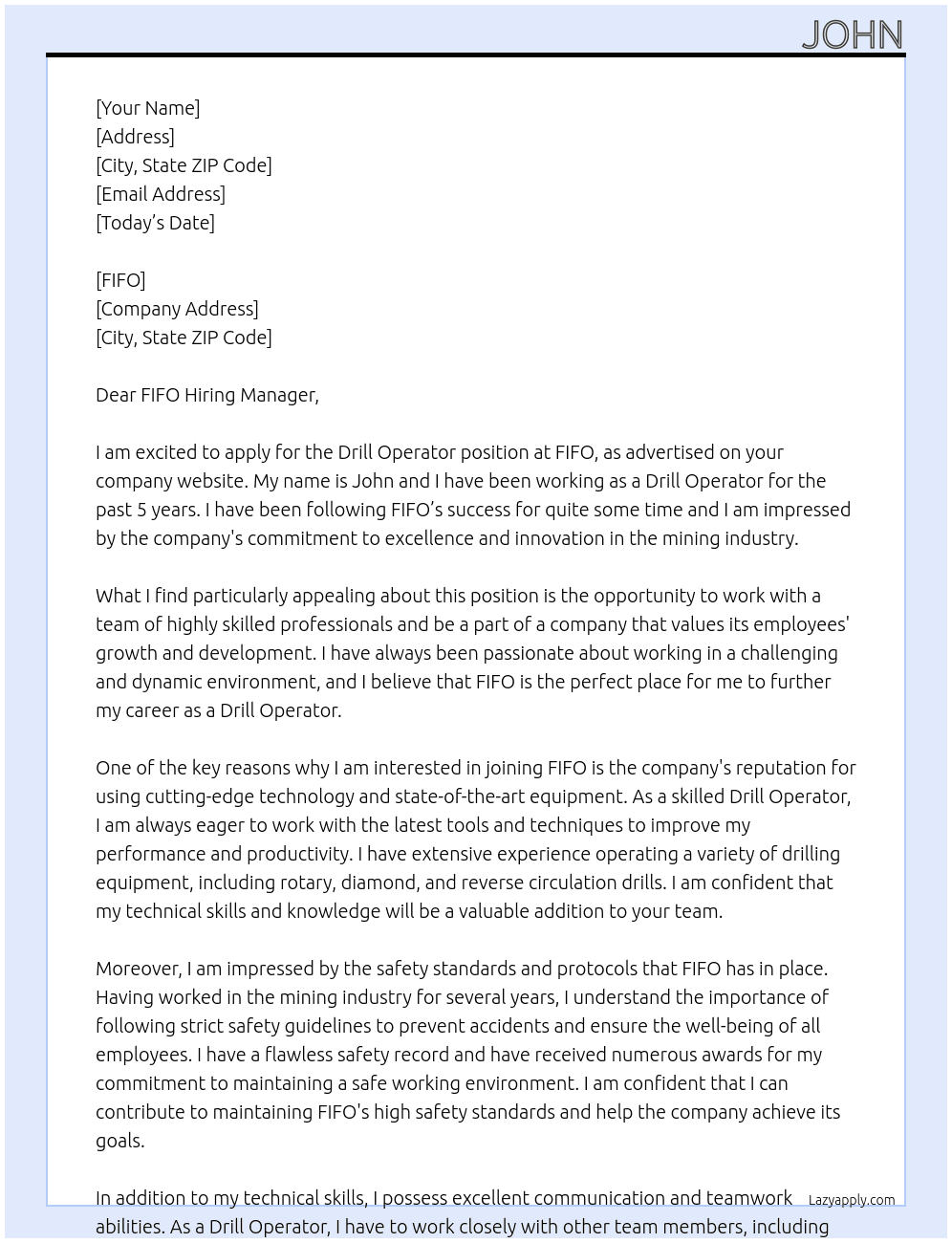 Drill operator At FIFO Cover Letter