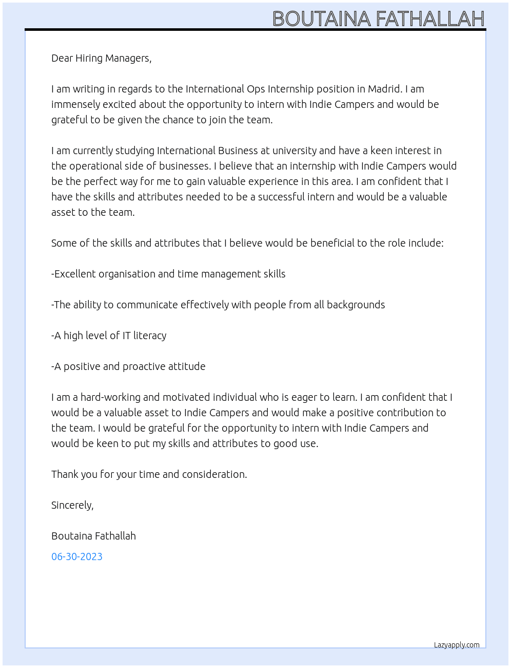 International Ops Internship - Madrid At Indie Campers Cover Letter