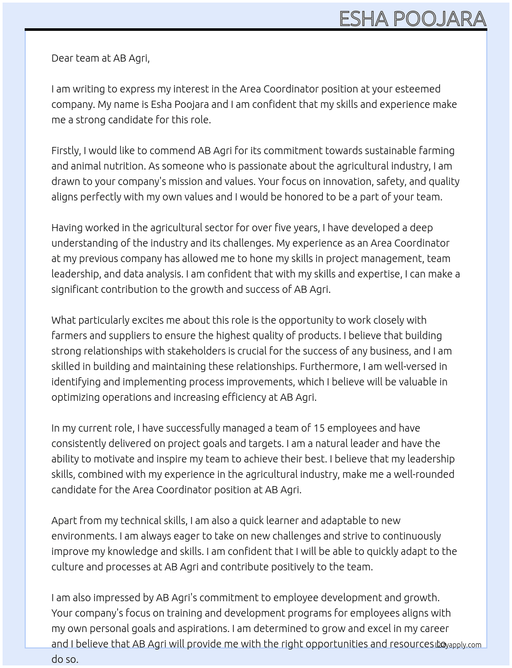 Area Coordinator At AB Agri Cover Letter