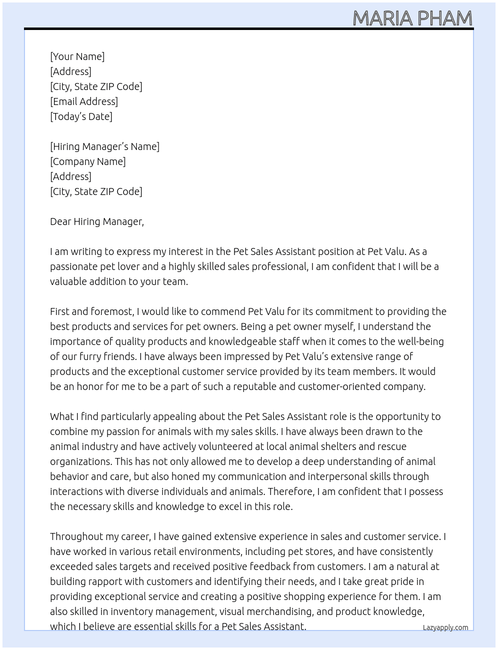pet sales assistant At Pet Valu Cover Letter