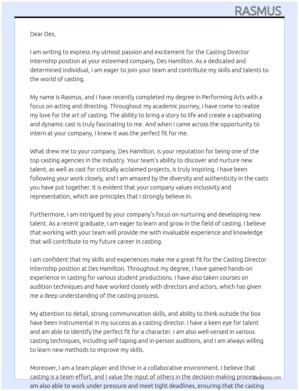 Casting director internship  At Des hamliton Cover Letter