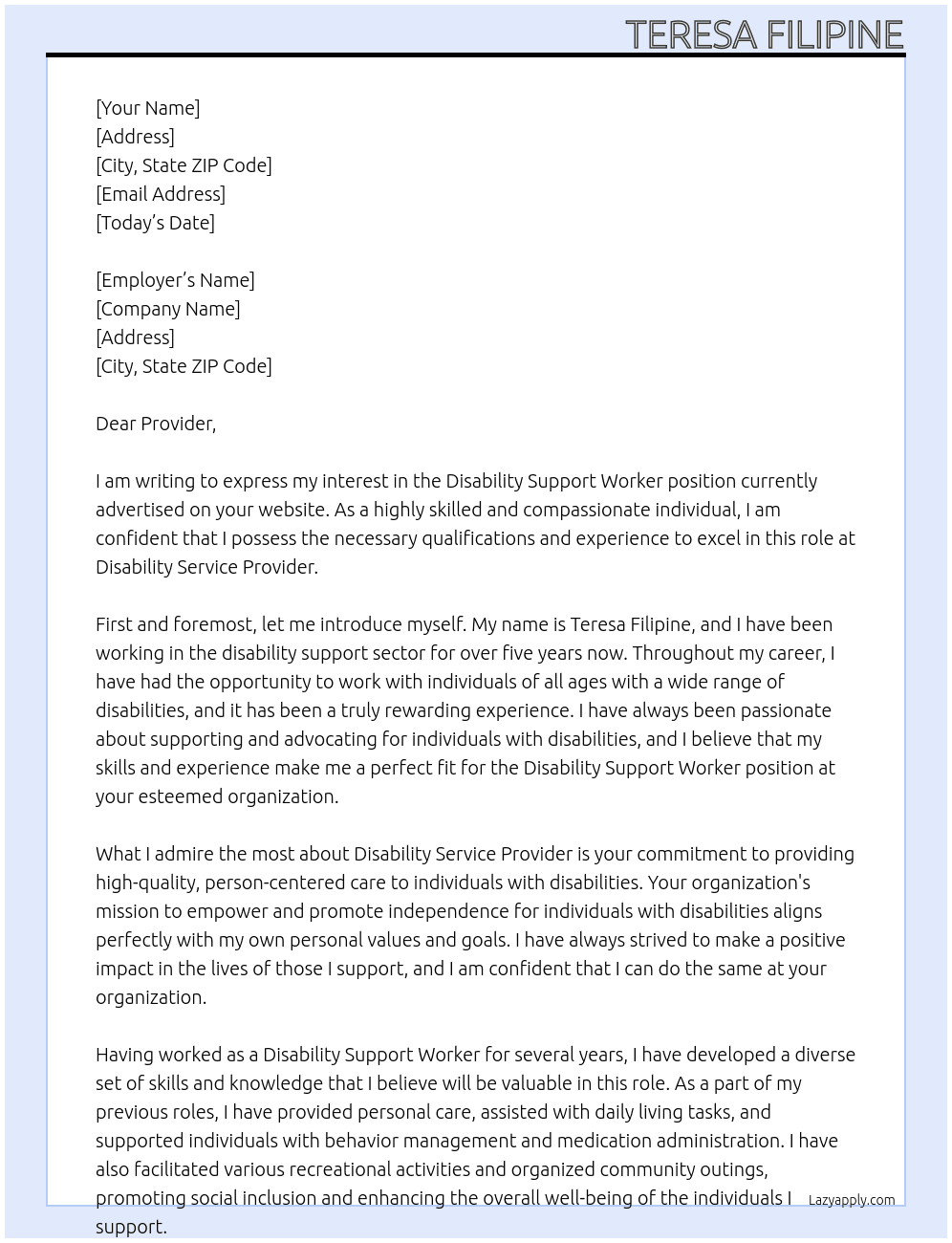 Disability Support Worker At Disability Service Provider Cover Letter