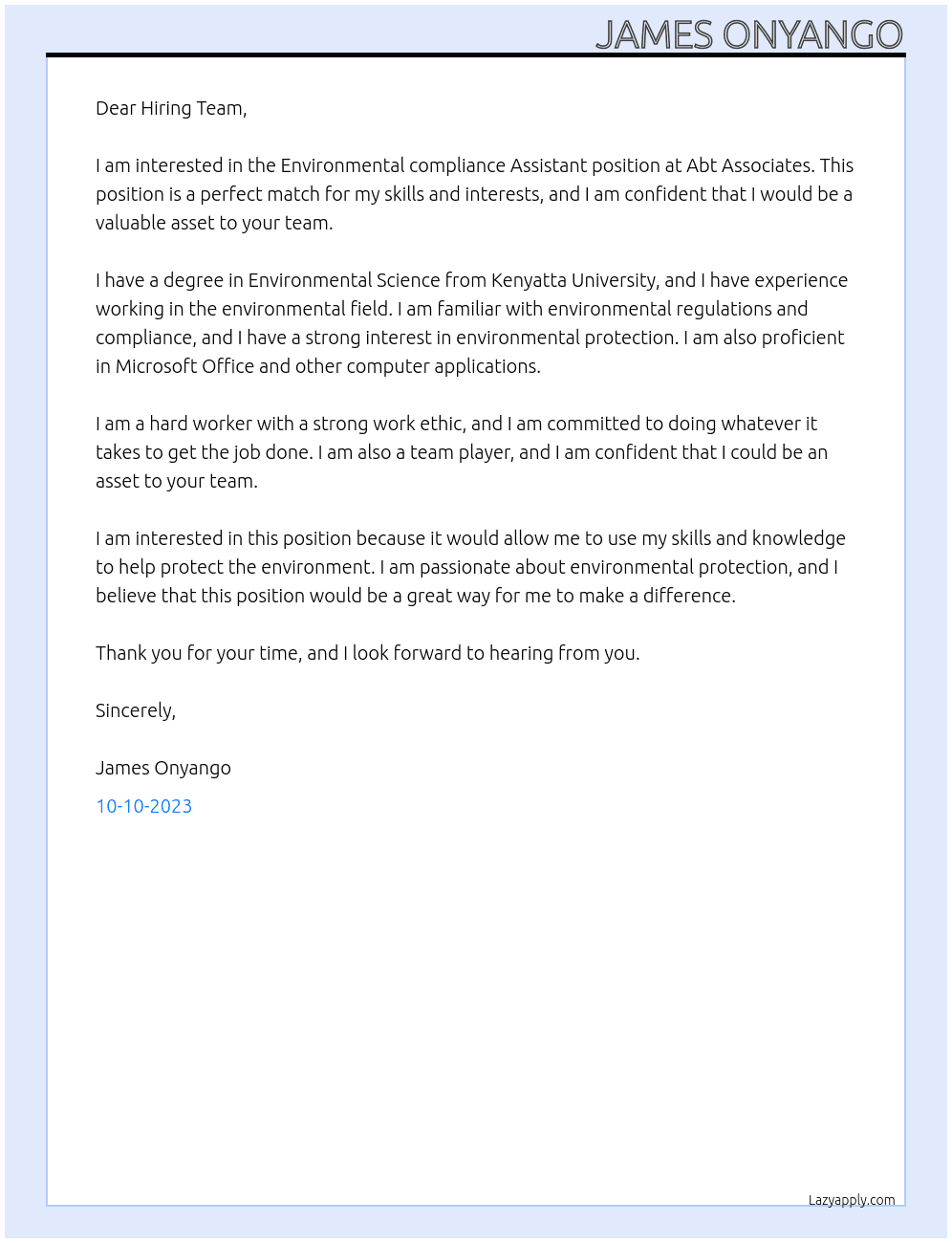 Environmental compliance Assistant At Abt Associate  Cover Letter