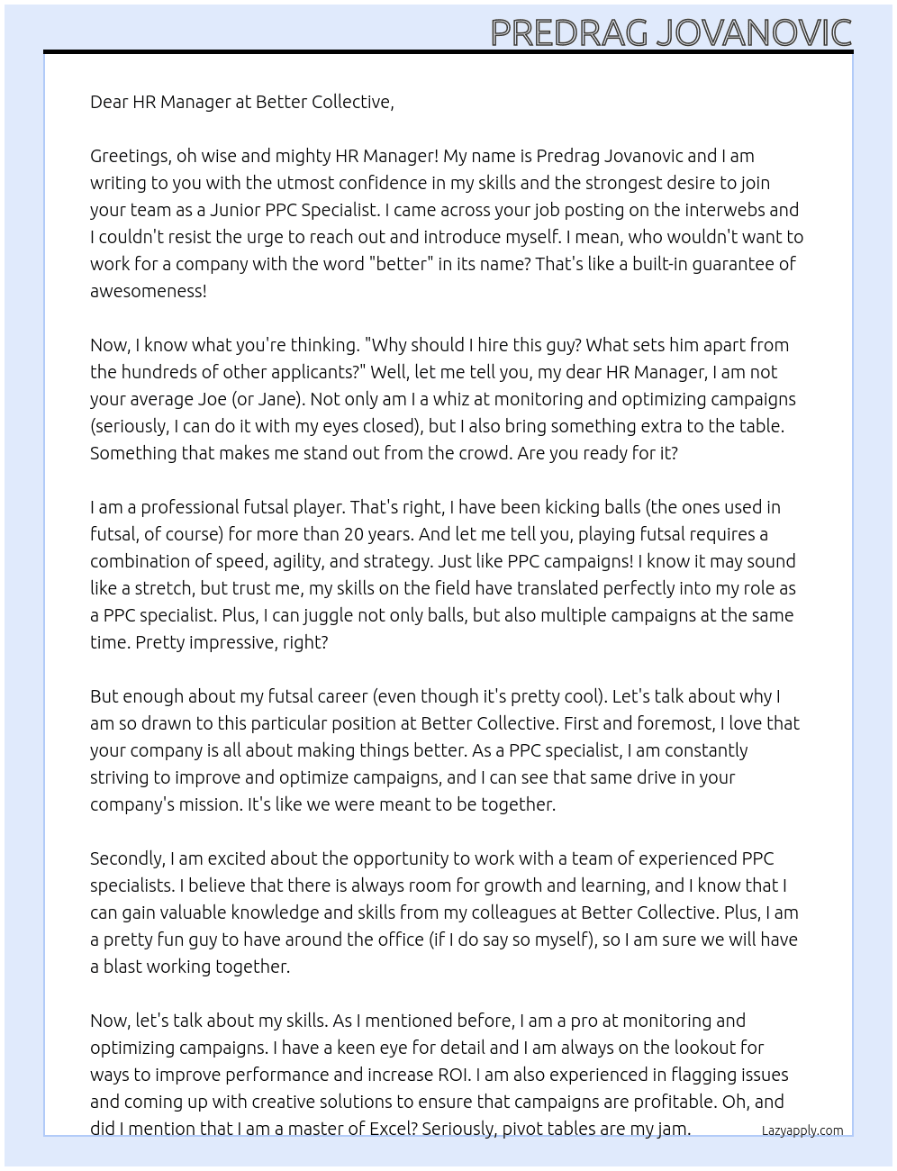 Junior PPC Specialist At Better Collective Cover Letter