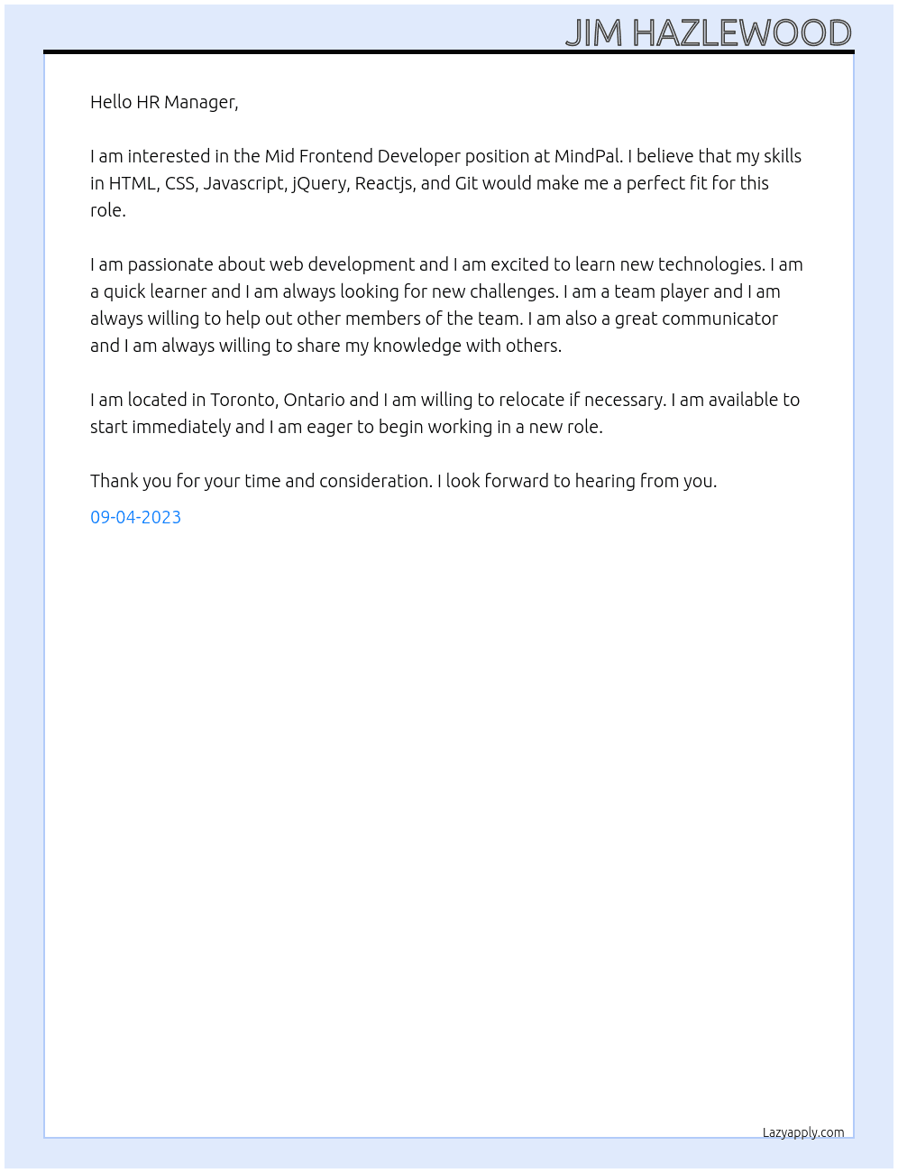 Mid Frontend Developer At MindPal Cover Letter
