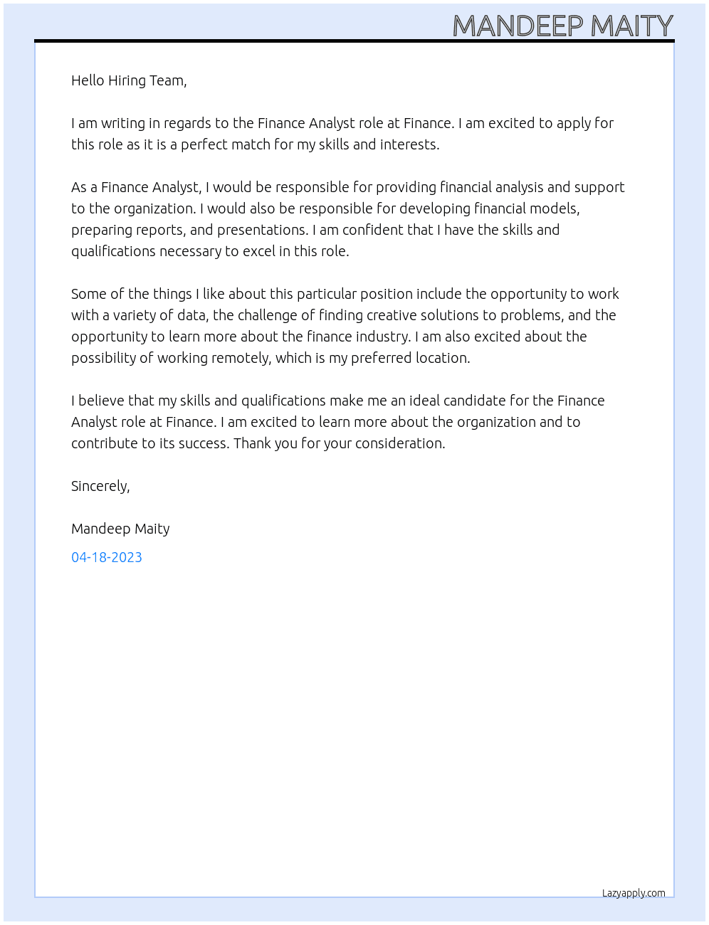 Finance Analyst At Finance Cover Letter