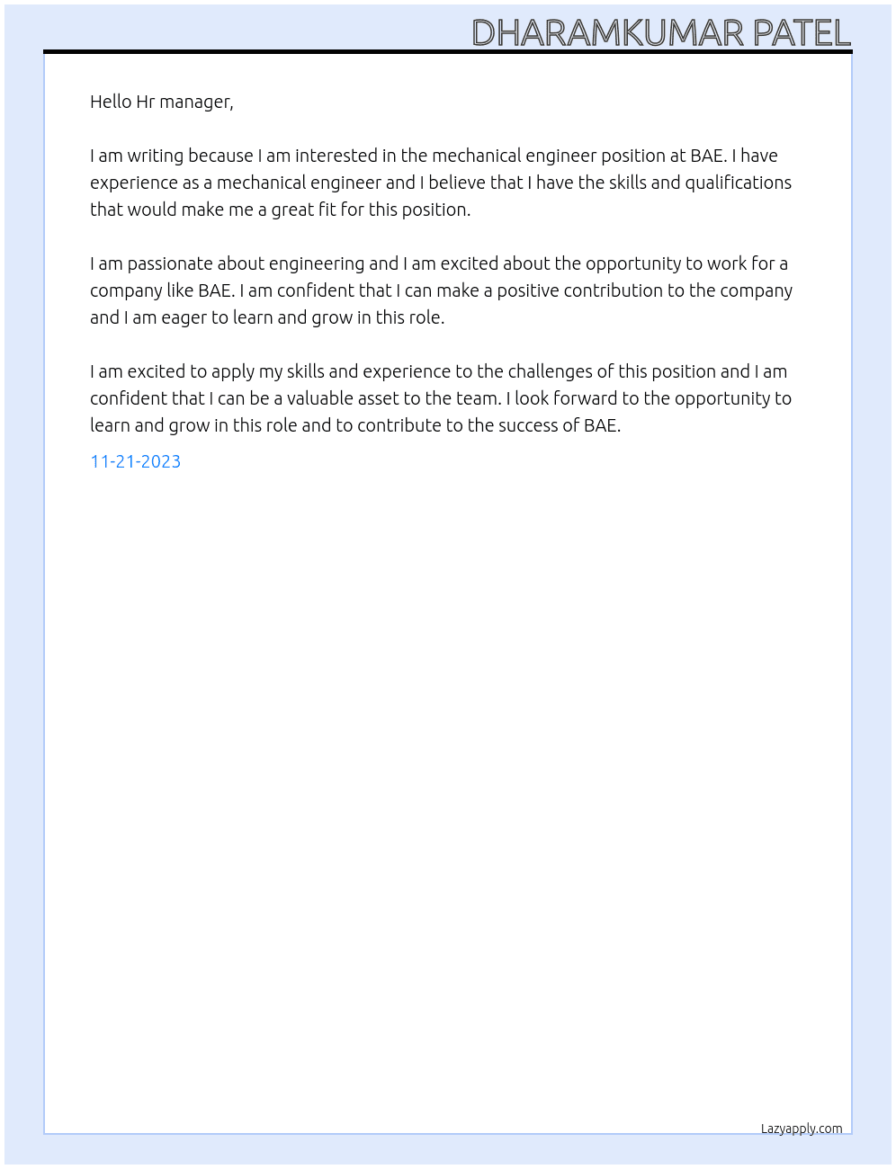 mechanical engineer At BAE Cover Letter
