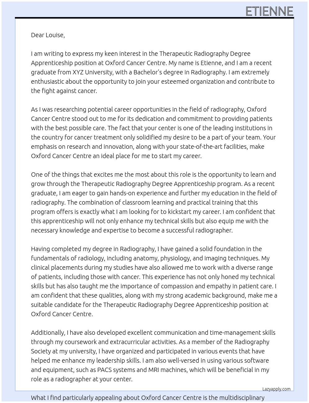 Therapeutic Radiography Degree Apprenticeship At Oxford Cancer Centre  Cover Letter