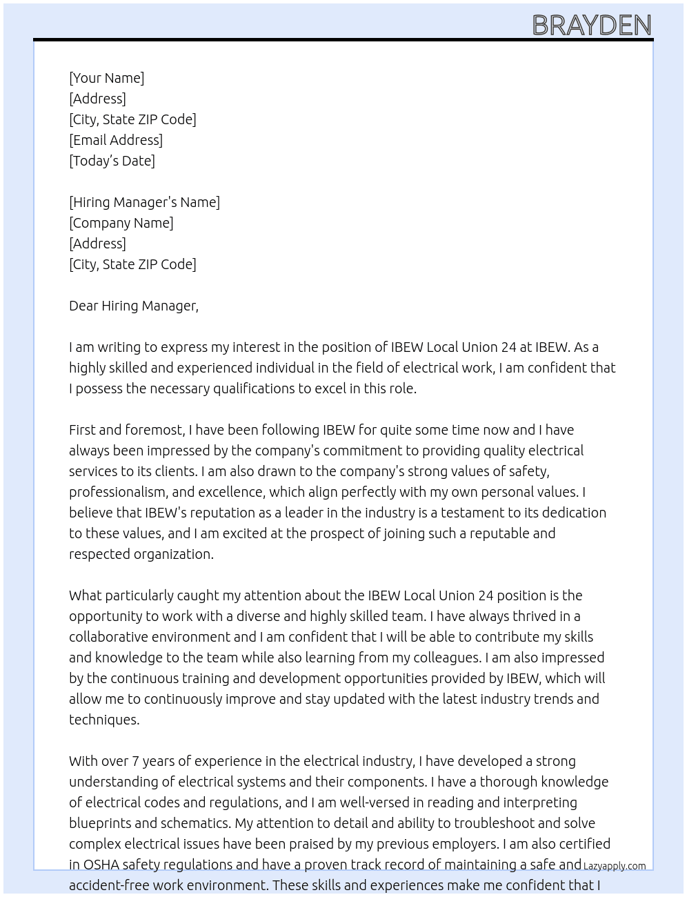 IBEW Local Union 24 At IBEW Cover Letter