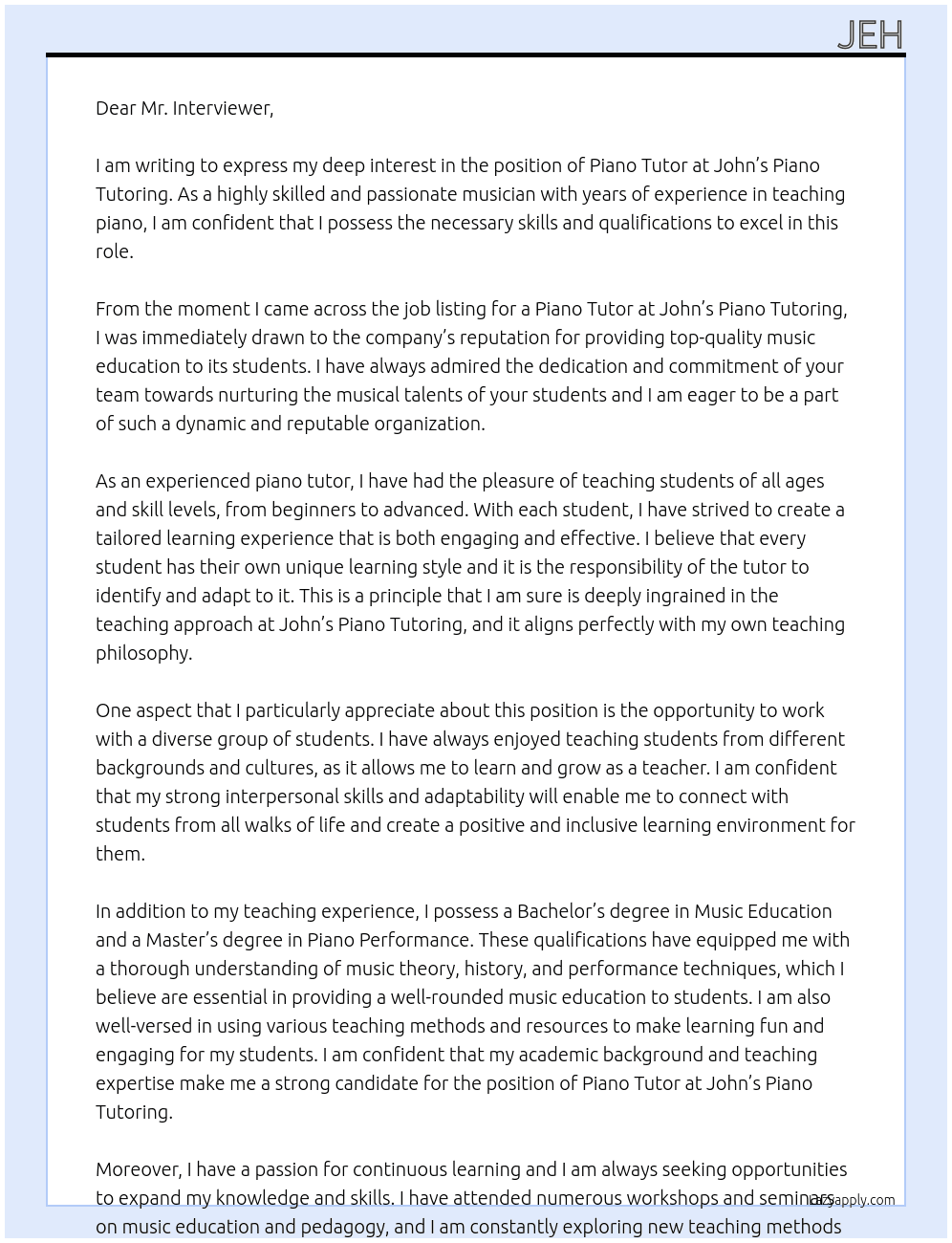 Piano Tutor At John’s Piano Tutoring Cover Letter