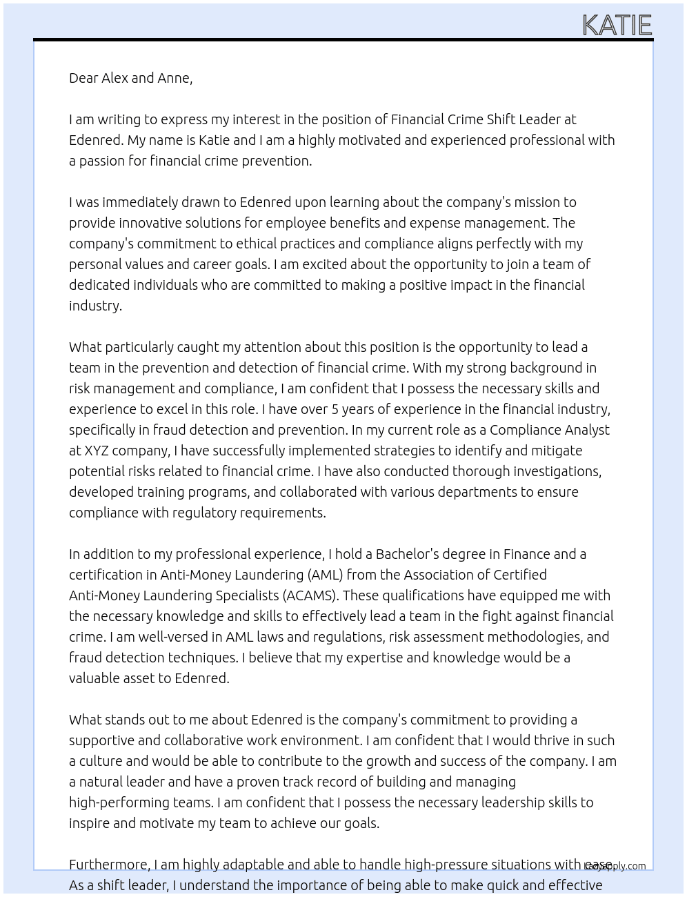 Financial crime shift leader At Edenred Cover Letter