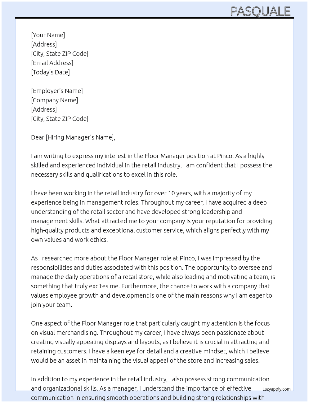 Floor Manager At pinco Cover Letter